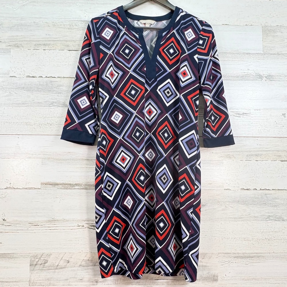 Banana Republic Womens Navy Red Geometric Diamond Split Neck Sheath Dress Size M